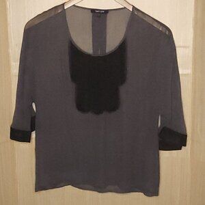 Daniel Rainn Grey Black Sheer Ruffle Front Blouse Small